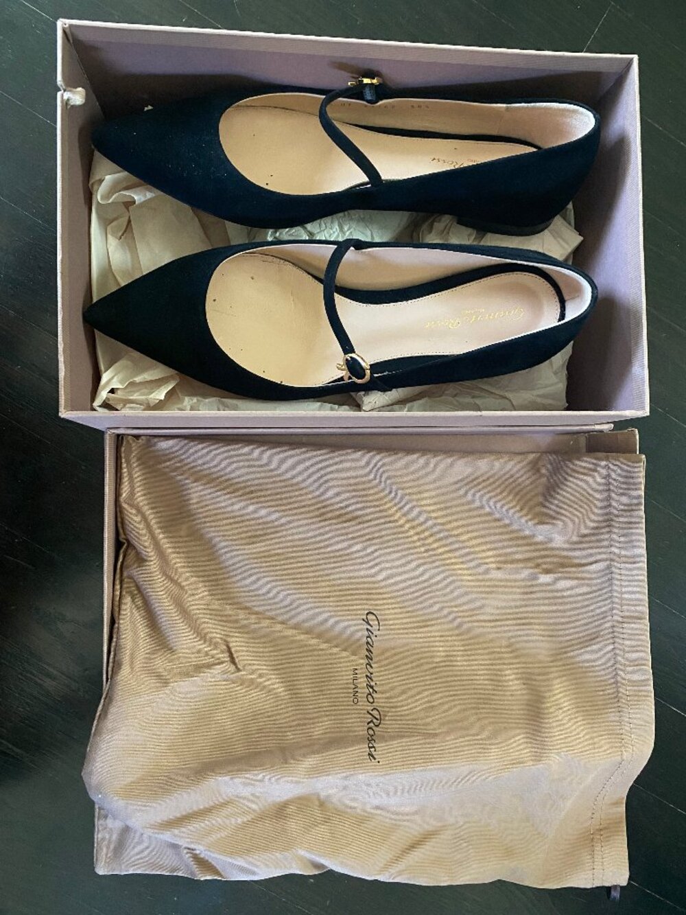 Gianvito Rossi Black Suede Mary Jane Pointed Ballet Flat 38.5